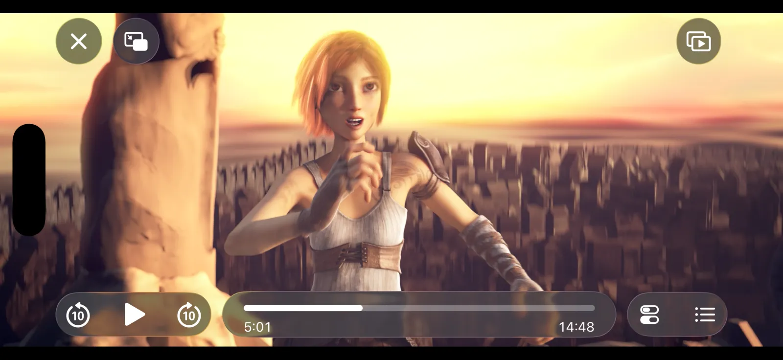 SuperWatcher playing the film Sintel at sunset, with the playback controls showing.