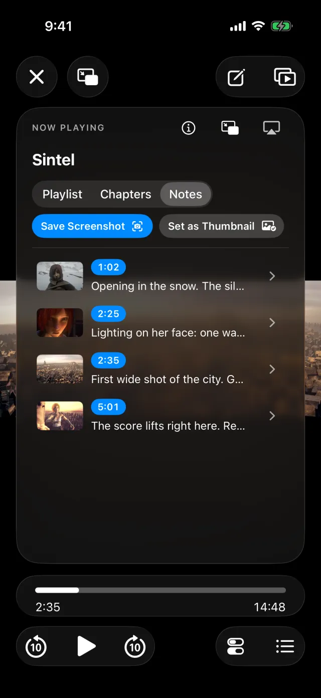 The Notes tab in SuperWatcher's player, listing four timestamped notes on Sintel, each with a still from that moment.