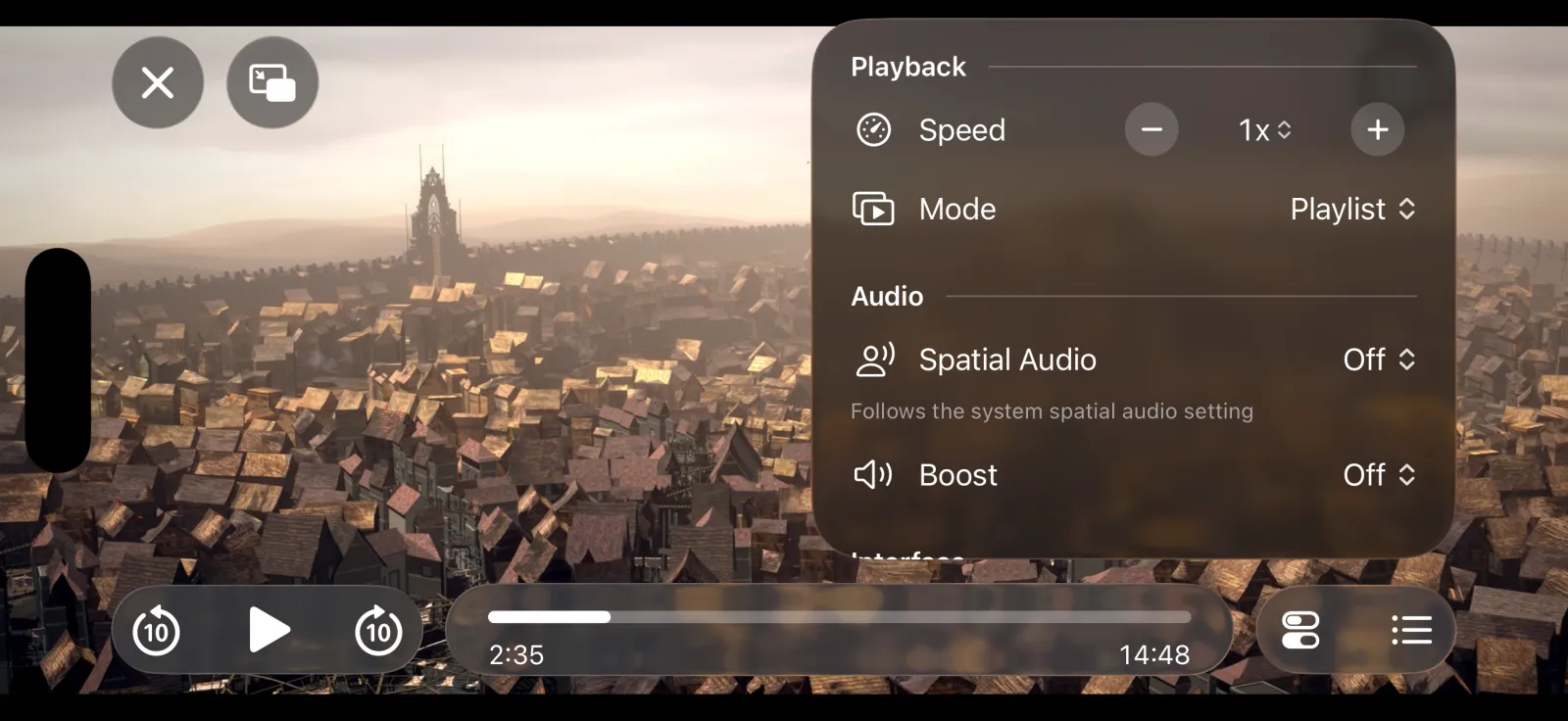 The playback panel with speed, playlist mode, spatial audio and volume boost, over a wide shot of a city.