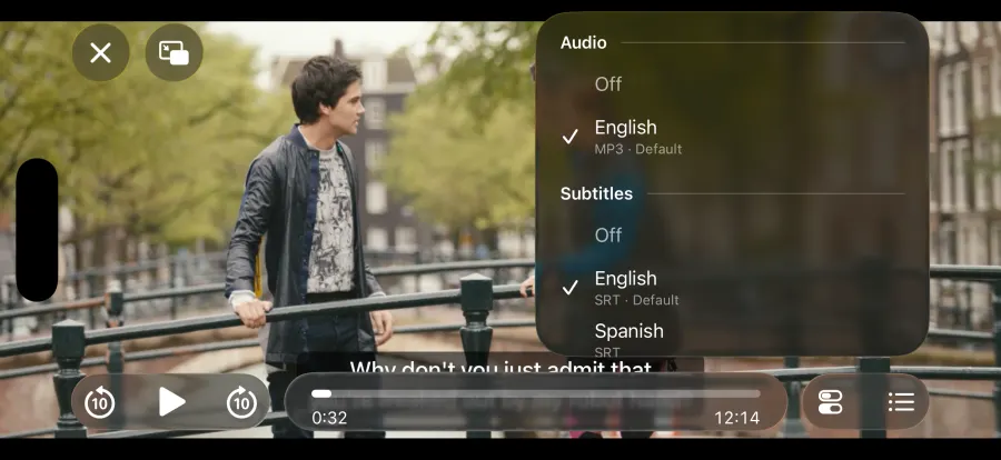 The audio and subtitle track menu, with English, Spanish and other subtitle tracks.