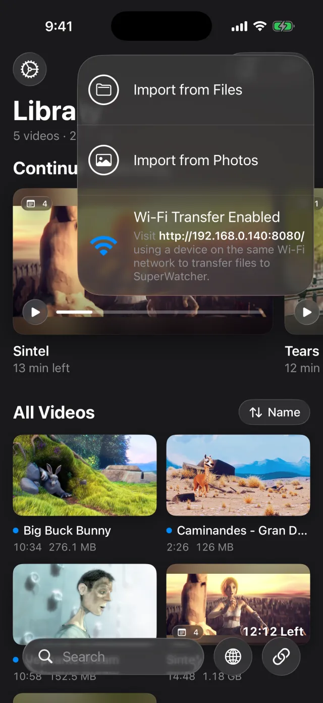 The import menu with Import from Files, Import from Photos, and Wi-Fi Transfer turned on, showing the address to visit.